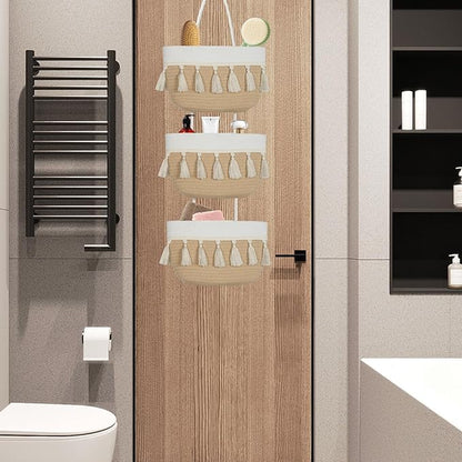 Over the Door Organizer Nursery - Cotton Boho Decor 3 Tier Wall Hanging Basket, Decorative Hanging Storage Organizer for Nursery Bathroom Bedroom Laundry Dorm Kitchen