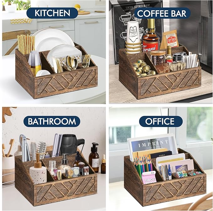 Ukonvi Paper Plate Dispenser, Paper Plate Holder for Kitchen Counter, Wood Rustic Silverware Utensil Caddy, Cutlery Flatware Organizer Box for Cups Spoons Forks Plates Napkins, Kitchen Accessories
