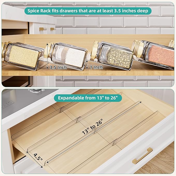MIUKAA Acrylic Spice Drawer Organizer, 5 Tier - 10 Pack Seasoning Organizer for Drawer, Expandable From 13" to 26" Kitchen Drawer Spice Rack (Jars not Included)