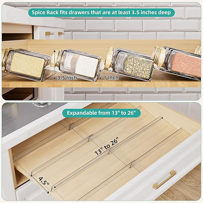 MIUKAA Acrylic Spice Drawer Organizer, 5 Tier - 10 Pack Seasoning Organizer for Drawer, Expandable From 13" to 26" Kitchen Drawer Spice Rack (Jars not Included)