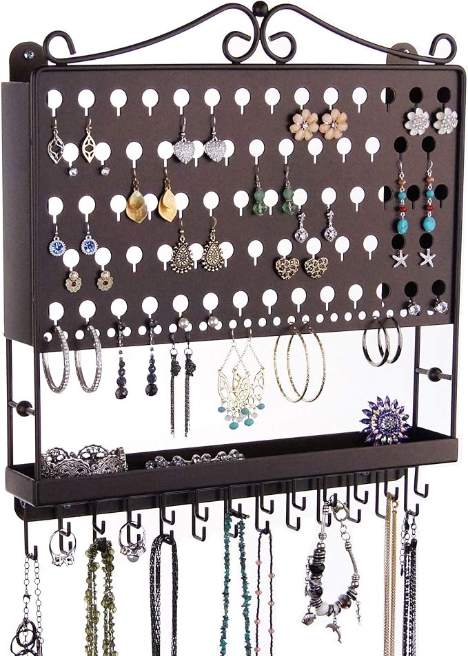 Angelynn's Wall Mounted Earring Holder Necklace Organizer for Small and Medium Post Stud Dangle Pierced Earrings, Hanging Closet Jewelry Storage Rack with Tray, AAA Rubbed Bronze 14 1/2" x16 1/4"