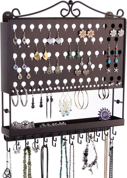 Angelynn's Wall Mounted Earring Holder Necklace Organizer for Small and Medium Post Stud Dangle Pierced Earrings, Hanging Closet Jewelry Storage Rack with Tray, AAA Rubbed Bronze 14 1/2" x16 1/4"