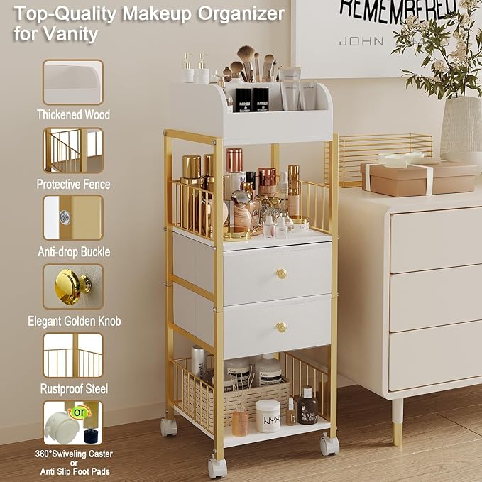 Makeup Organizer Storage Cart, Large Skincare organizers, Makeup Stand with Drawers, Makeup Vanity Organizer Cosmetics Display Cases Holder for Skin Care Nail Polish Perfume Makeup Brush (Gold)