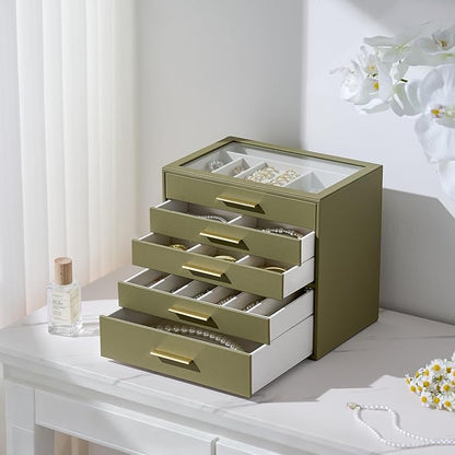 Jewelry Box Organizer Case for Women: 5-Layer Jewelry Storage Case with Glass Window, Olive Green Leather with Cream Velvet, Holder for Ring Necklace Bracelet Brooch Watch, Great Gift for Her