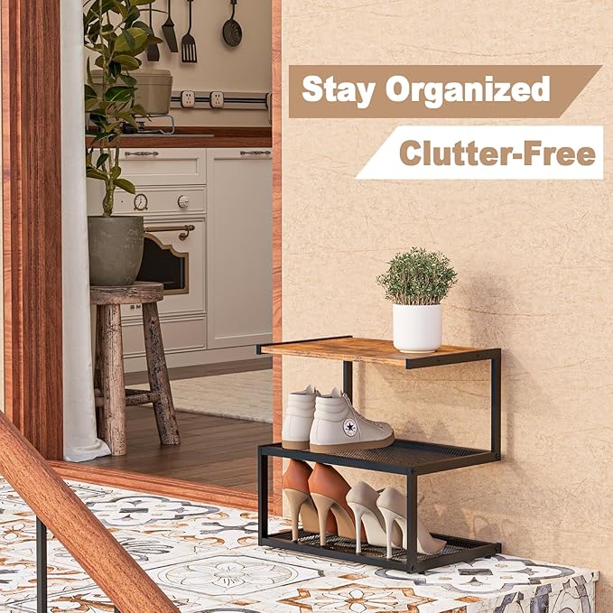 Shoe Rack, Unique 5-Shaped Free Standing Shoe Shelf, 3-Tier Wooden Shoe Organizer with Wooden Top and Steel Frame for Front Door Entrance, Entryway, Hallway, 16.54" D x 10.24" W x 16.14" H