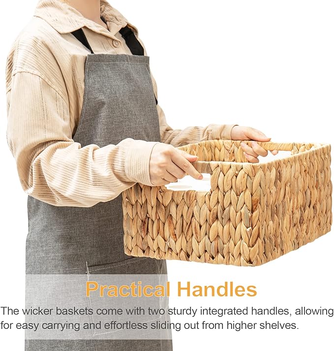 Wicker Storage Basket, 3 Pack Hand-Knitted Wicker Baskets, Water Hyacinth Storage Baskets with Built-in Handles