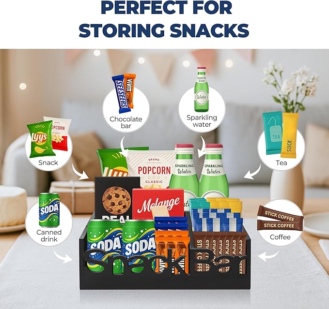 Snack Bar Organizer – Black 5 Compartment Station, Countertop Pantry Organizer for Kitchen, Office Food Holder, Candy Storage Bin, Display Stand, Cabinet Tray & Shelf