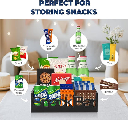 Snack Bar Organizer – Black 5 Compartment Station, Countertop Pantry Organizer for Kitchen, Office Food Holder, Candy Storage Bin, Display Stand, Cabinet Tray & Shelf