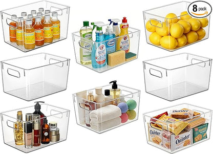 Hudgan Set of 8 Clear Plastic Storage Bins, 8 Large Storage Containers for Pantry Organizers, Home Edit, Kitchen Cabinet, Refrigerator, Under Sink Organization, Bathroom, Office