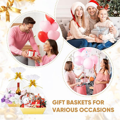 AFOROEOA 6PACK Gold Baskets for Gifts Empty, 12x10x4” Thick Cardboard Gift Basket Kit with 6 Bows & 6 Bags - Kraft Empty Gift Baskets for Christmas, Weddings, Birthdays, Holiday Gifting