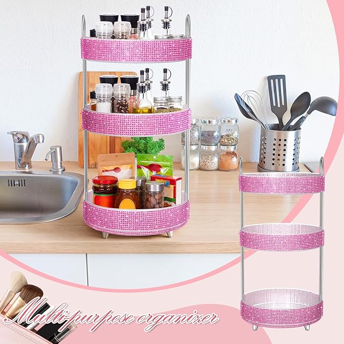 Honeydak 360 Rotating Perfume Organizer for Mother Day Nurse Day Rhinestone Bathroom Counter Organizer Makeup Holder Skincare and Perfume Storage for Cosmetic Countertop(3 Tiers,Resin Stone,Pink)