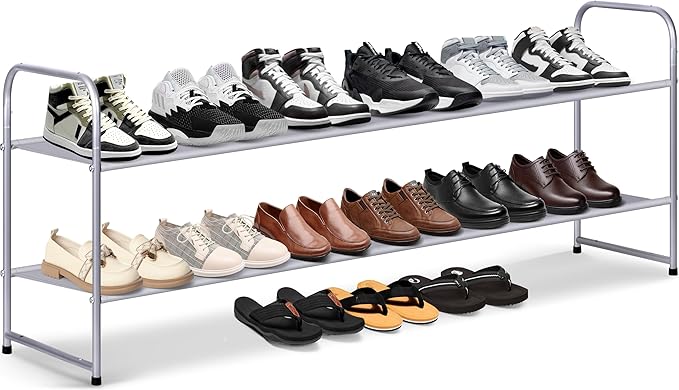 MISSLO 2 Tier Long Shoe Rack for Closet Shoe Organizer Holds 18-Pairs, Wide Low Stackable Shoe Storage Shelf for Bedroom Floor, Men Boots, Women Heels, Kids Sneakers (Grey)