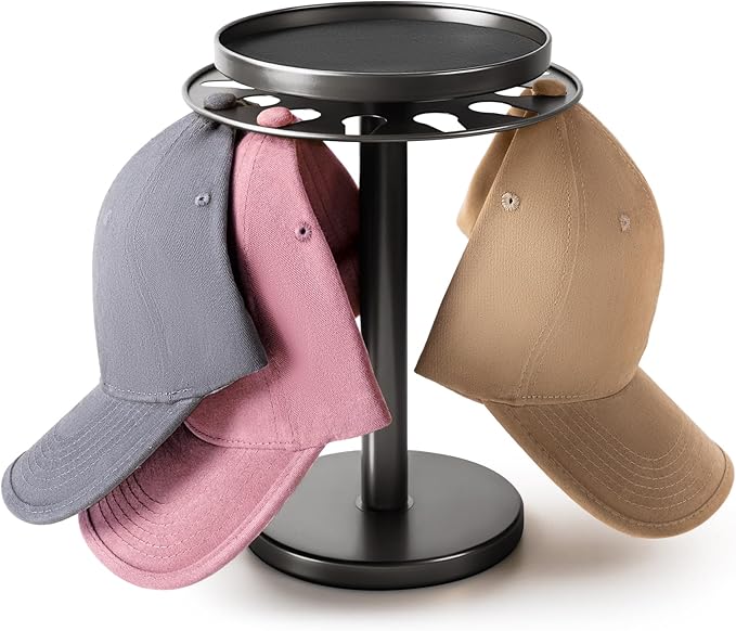 kondyfayo 360° Rotating Hat Organizer for Baseball Caps, Stainless Steel Hat Rack Holder with Top Storage Tray for Small Essentials, Ball Cap Storage Organizer for Closet, Entryway, Display (T-Black)