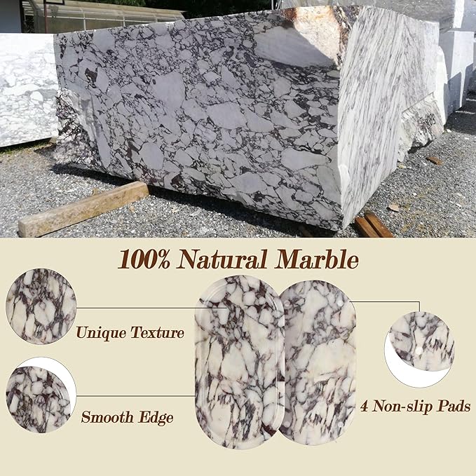 YMXYJM Real Natural Marble Tray for Bathroom, Luxury Calacatta Viola Stone Vanity Tray, Decorative Oval Trays for Countertop Storage Organizer, Dresser, Kitchen, Home Decor, 11.8" x 6", Purple