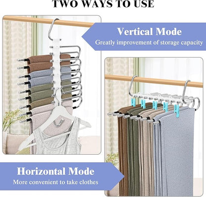 SANLIKE 2 Pack 9 Layers Pants Hangers Space-Saving Stainless Steel Closet Hangers 20pcs Fixed Clips Non-Slip Multi-Functional Pants Rack Two Hanging Modes for Trousers Jeans Leggings Scarf Skirts