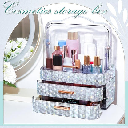 Honeydak Bling Makeup Organizer for Mothers Day Nurses Day Birthday Gifts Rhinestone Cosmetic Display Cases with Transparent Cover, Skincare Perfume Organizer for Countertop, Desk(Silver,Rhinestone)