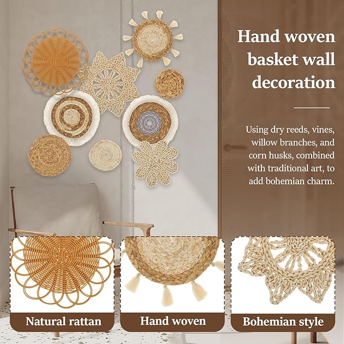 9 Pcs Boho Wall Basket Decor, Rattan Wicker Boho Wall Decor, Hanging Woven Basket Wall Decor, Round Handmade Wall Art for Living Room Bedroom Display Table Settings Home Christmas Decoration (Wood)