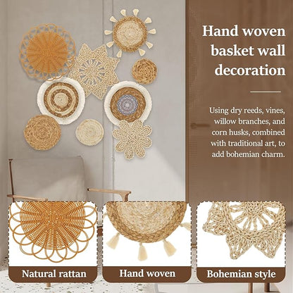 9 Pcs Boho Wall Basket Decor, Rattan Wicker Boho Wall Decor, Hanging Woven Basket Wall Decor, Round Handmade Wall Art for Living Room Bedroom Display Table Settings Home Christmas Decoration (Wood)