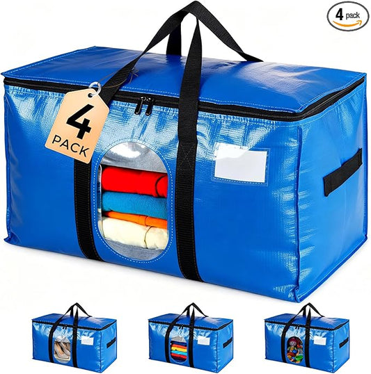 4 Pack Extra Large Moving Bags, Heavy Duty PE Woven Storage Totes with Visible Window & Wrap Around Handles, Reusable Space-Saving Alternative for Home Relocation & Storage
