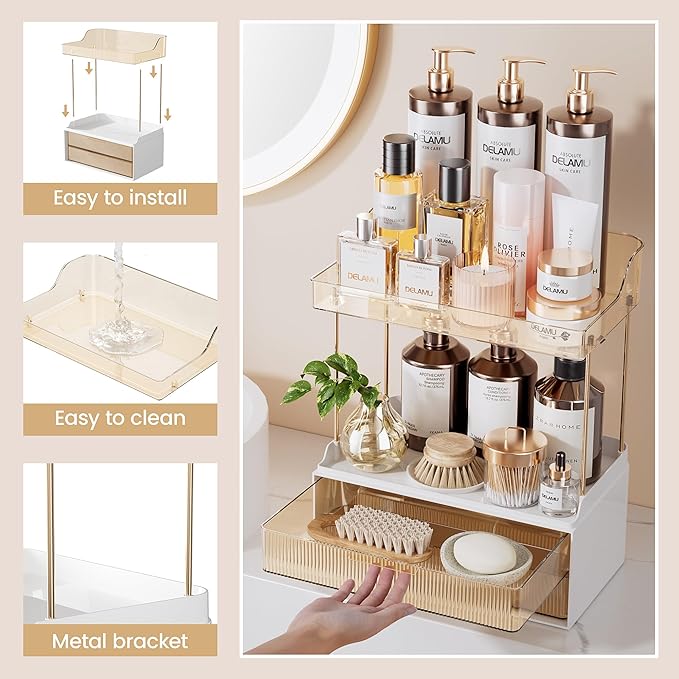 Delamu Bathroom Organizers and Storage, 2 Tier 2 Drawer Makeup Organizer Countertop, Easy to Install, Ideal for Bathroom Counter, Vanity, Ideal for Women Girls, Amber 2Pack