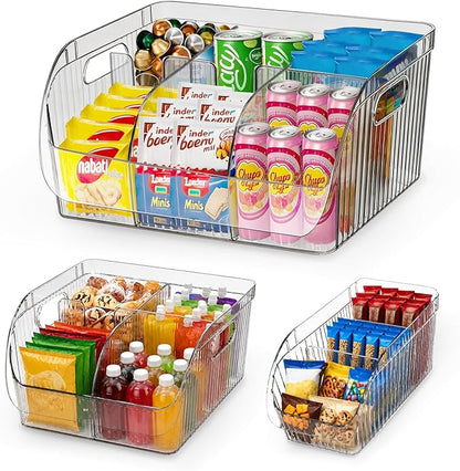 Set of 3 Pantry Organizers and Storage Bins with Removable Dividers - Clear Plastic Storage Box for Cabinet, Kitchen, Fridge, Bathroom, Home Organization Food Containers, Large Medium Small