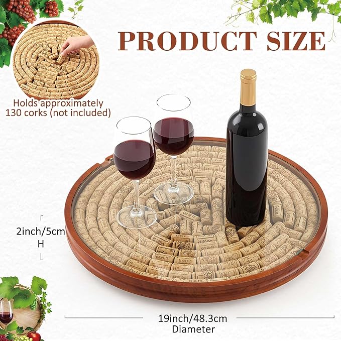 Maxdot Wine Cork Holder Decorative Wine Lover Creative Wedding Gifts for Couples Wooden Lazy Susan for Countertop with Glass Protective Cover Can Store 130 Corks Stoppers Display Bar Table Centerpiece