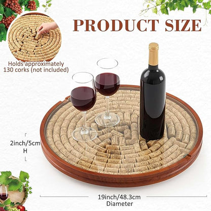 Maxdot Wine Cork Holder Decorative Wine Lover Creative Wedding Gifts for Couples Wooden Lazy Susan for Countertop with Glass Protective Cover Can Store 130 Corks Stoppers Display Bar Table Centerpiece