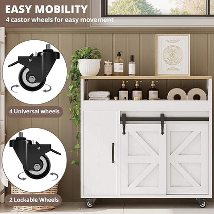 IRONCK Toilet Paper Cabinet, Slim Bathroom Cabinet with 4 Rolling Wheels, Farmhouse Slim Storage Cart with Paper Holes, Sliding Doors and Adjustable Shelf for Small Space, White/Natural
