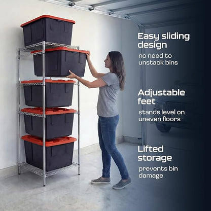 MonsterRAX WS-BR27-Z5 Bin Rack with 5-Pack 27 Gallon Storage Totes, Stackable & Lockable, Red Lid/Black Bin