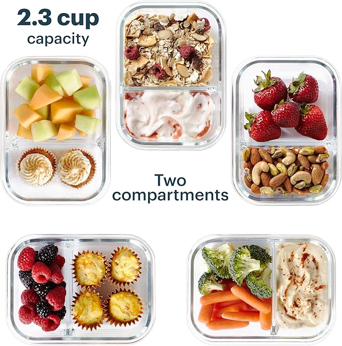 Pyrex Glass MealBox (5-Pack, 2.3 Cup) Divided Compartments with Locking Lids, For Meal Prepping and Portioning, BPA Free Microwave Dishwasher Safe