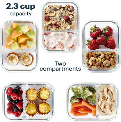 Pyrex Glass MealBox (5-Pack, 2.3 Cup) Divided Compartments with Locking Lids, For Meal Prepping and Portioning, BPA Free Microwave Dishwasher Safe