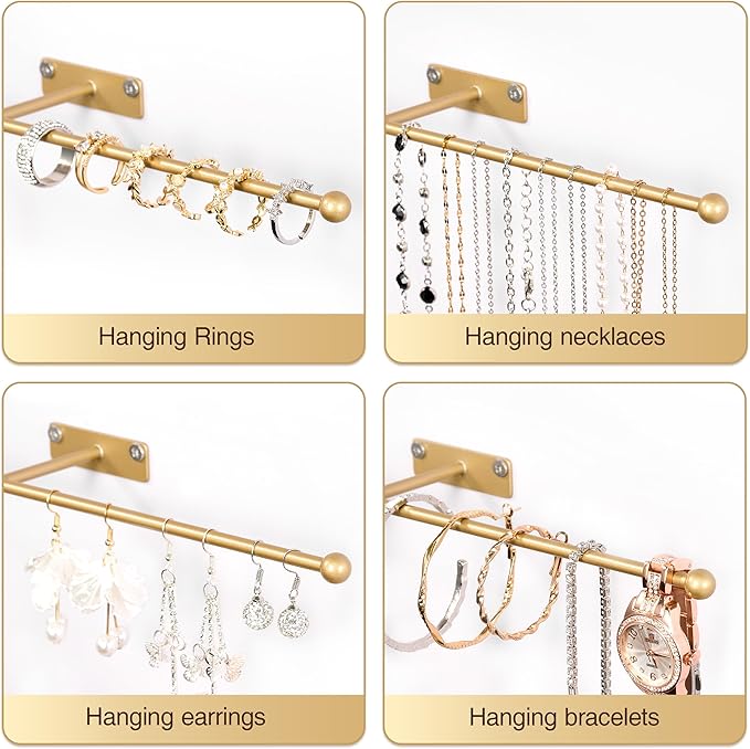 Wall Hanging Jewelry Organizer: 12.6'' Necklace Holder for Earring, Bracelet, Rings, Hairband, Glasses, Gold 4-Pack, Screws Included