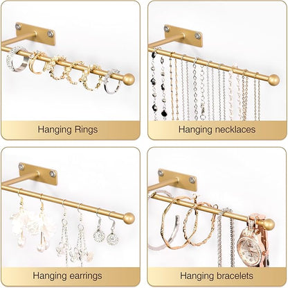 Wall Hanging Jewelry Organizer: 12.6'' Necklace Holder for Earring, Bracelet, Rings, Hairband, Glasses, Gold 4-Pack, Screws Included