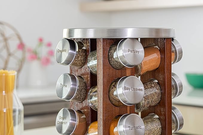 Orii 20 Jar Rotating Dark Acacia Wood Spice Rack with Spices Included & 5-Year Spice Refill Program – Rustic Wood Countertop Spice Rack with Glass Jars