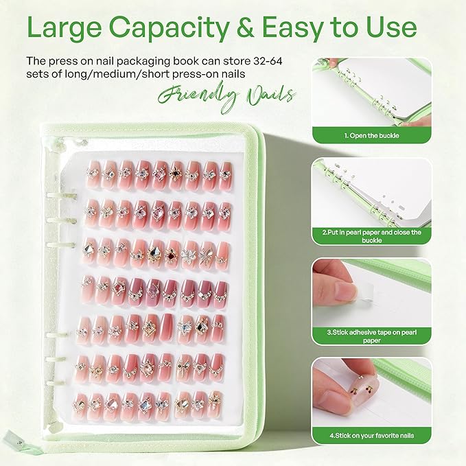 18PCS Press On Nail Organizer Clear Empty Press on Nail Packaging Set with 8 Insert Pages,8 nail double tape and 1 Zipper Pocket for Fake Nail Storage Nail Art Salon (green)