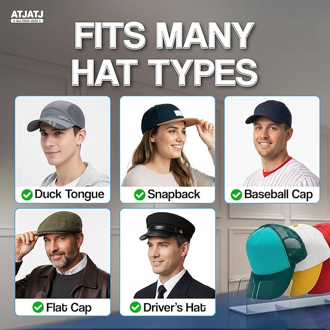 Hat Stand For Baseball Caps, 2 Pack No Install Clear Acrylic Hat Organizers for 14 Baseball Tennis Trucker Caps, Hat Storage Rack Display, Upgraded Anti-Slip Cap Holder For Closet, Bedroom, Dresser