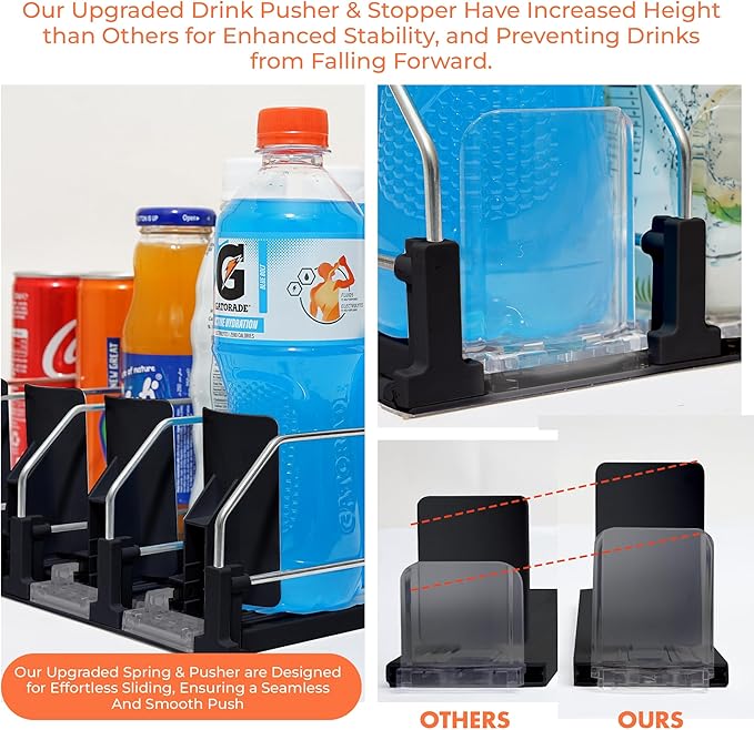 Drink Organizer for Fridge. Upgraded Drink Holder for Fridge with Larger Stopper Height. Width Adjustable Automatic Soda Can Organizer with Lock. Holds 25 Cans (5 Rows, Black)