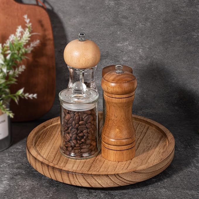 Wood Lazy Susan Organizer Kitchen Turntable for Cabinet Farmhouse Bathroom Decor Round Decorative Tray for Vanity, Counter, Sink, Coffee Table, 9 Inch, Brown