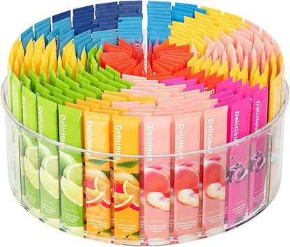 Divided Drink Packet Organizer, Largr Rotating Clear Lazy Susan Turntable for Powdered Drink Mix, Water Drink Packet Holder, Water Flavor Packet, Coffee, Tea – Space-Saving Countertop Organizer