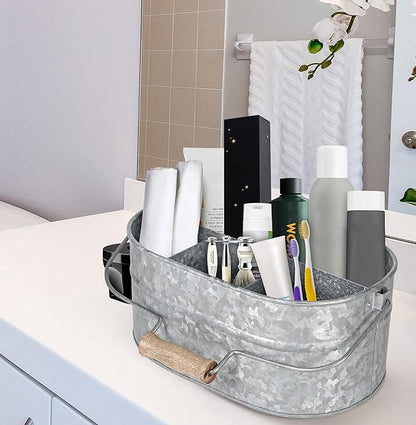 CLEENTABLE Galvanized Heavy Duty Utensil Holder for Countertop, 4-Compartment Large Cooking Utensil Crocks for Kitchen Counter, Farmhouse Utensil Vase for Housewarming, Kitchen Décor (Silver)