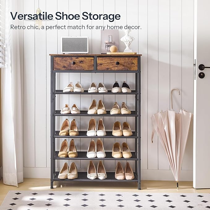 HOOBRO Shoe Rack, 6 Tier Shoe Storage Organizer with 2 Non-Woven Drawers, 15-20 Pairs of Shoes for Entryway, Shoe Shelf with 5 Oxford Fabric Shelves and Wooden Top, Closet, Rustic Brown BF79XJ01