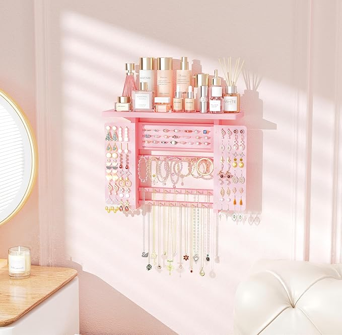 Emfogo Jewelry Organizer Hanging Wall Mounted Jewelry Holder, 5-in-1 Large Capacity Wood Necklace Organizer Wall Display for Ring, Necklaces, Bracelets, Earrings (Pink)