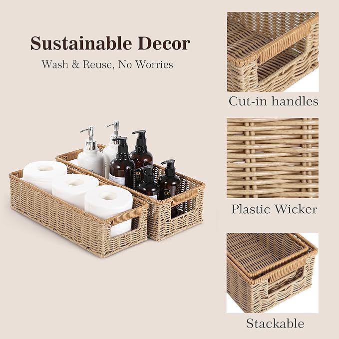 Rectangular Toilet Paper Baskets, 16 ¼"L x 6 ¾"W x 4 ½"H Nesting Plastic Wicker Basket with Built-in Handles, Woven Long Narrow Baskets for Pantry Bathroom Toilet Tank Top Countertop, 2 Pack