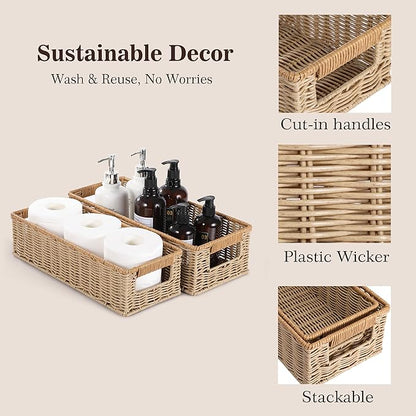 Rectangular Toilet Paper Baskets, 16 ¼"L x 6 ¾"W x 4 ½"H Nesting Plastic Wicker Basket with Built-in Handles, Woven Long Narrow Baskets for Pantry Bathroom Toilet Tank Top Countertop, 2 Pack