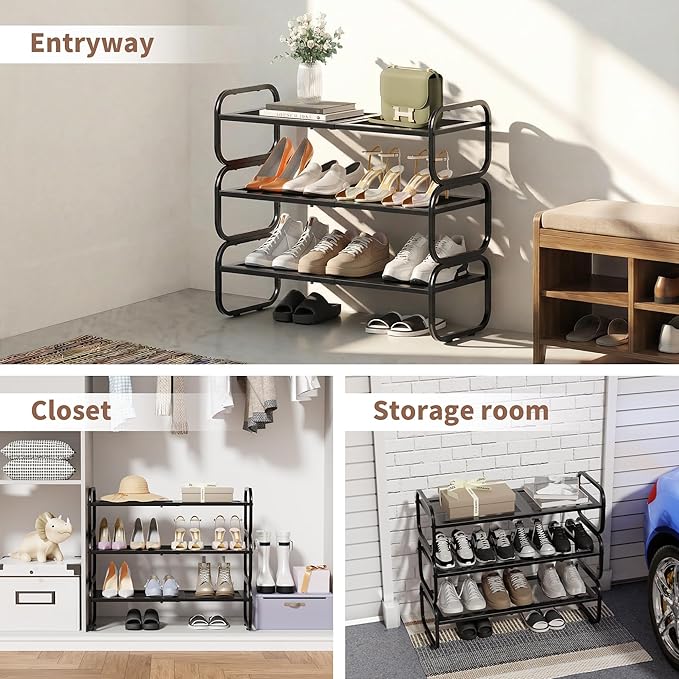 3 Tier Shoe Rack - Expandable Shoe Organizer for Closet, Adjustable Metal Shoe Shelf Storage, Stackable Long Shoe Stand Holder for Garage, Entryway, Door Entrance