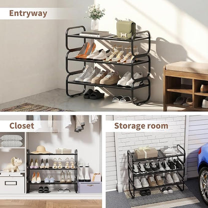 3 Tier Shoe Rack - Expandable Shoe Organizer for Closet, Adjustable Metal Shoe Shelf Storage, Stackable Long Shoe Stand Holder for Garage, Entryway, Door Entrance