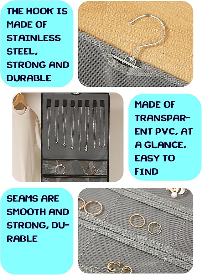 ONEPEACE Hanging Jewelry Organizer: Necklace & Earring Holder with Pockets for Closet, Wall or Door (Black)