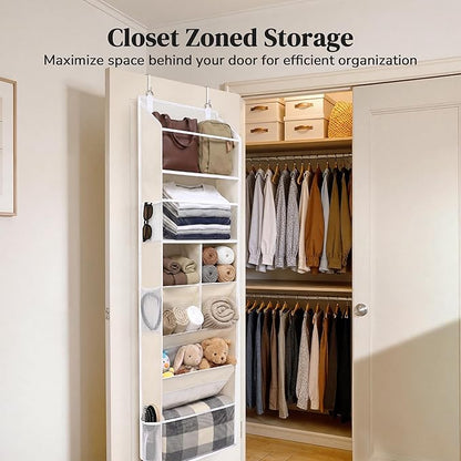 6-in-1 Over Door Hanging Organizer, Versatile Storage Over Door Organizer with 12 Mesh Pockets, 44 lbs Weight Capacity Hanging Storage Organizer for Bedroom, Bathroom,Behind Door,Beige