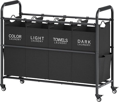 Tajsoon 4 Bag Laundry Sorter Cart, 4 Section Laundry Hamper Sorter with Heavy Duty Lockable Rolling Wheels, Laundry Separator Hamper with Removable Bags for Dirty Clothes Storage, Black