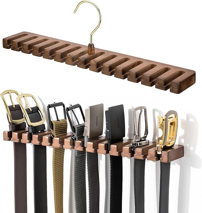 Wooden Belt Rack for Closet Wall Mount, Sturdy Belt Hanger Organizer Holds 14 Belts, Space Saving Belt Holder for Closet Door Wall, Walnut